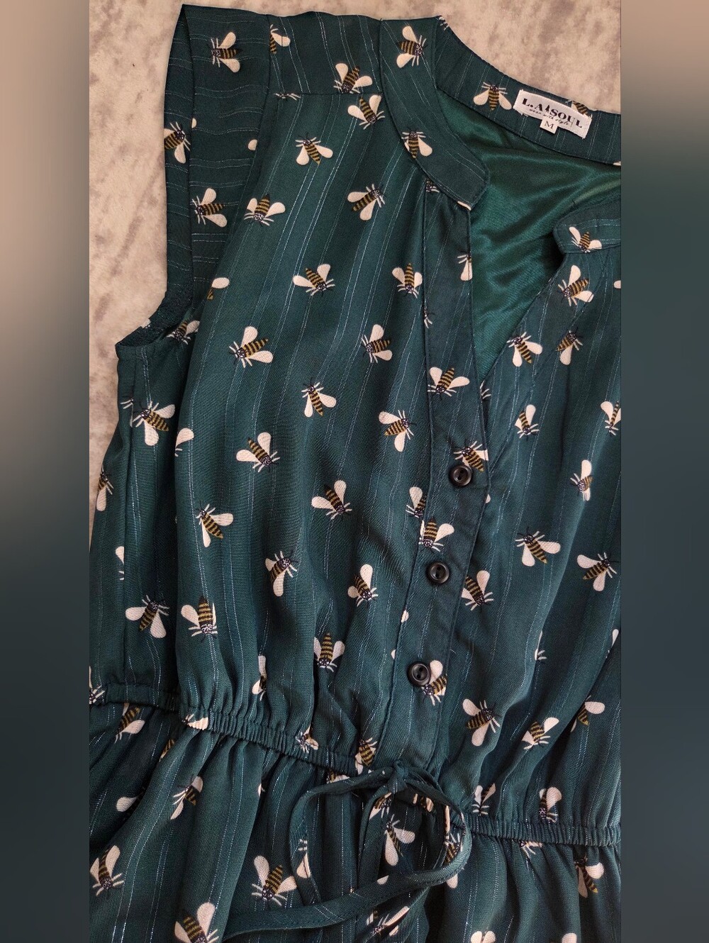 L.A. Soul Olive Green Bee Print Dress Short Whimsigoth Cottagecore Fairycore MED - Picture 2 of 5